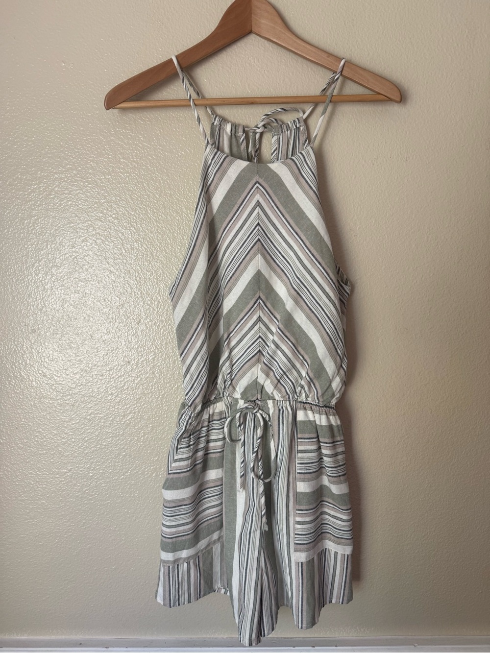 Gilli Striped Halter Romper in Olive Green & White